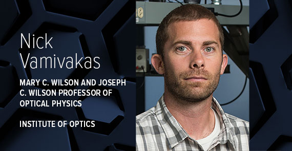 A headshot in front of a dark blue hexagonal background with white text that says, "Nick Vamivakas, Mary C. Wilson and Joseph C. Wilson Professor of Optical Physics, Institute of Optics."