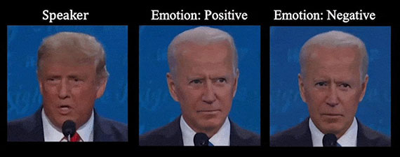 A headshot of Donald Trump next to two headshots of Joe Biden demonstrating video deepfakes that manipulate the reactions of a person on screen.