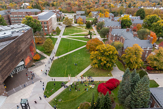 An aerial view of the Wilson Quadrangle during the pumpkin launch competition.