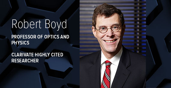 A graphic with dark blue hexagonal shapes, a headshot of Robert Boyd, and text that reads, "Robert Boyd, Professor of Optics and PHysics, Clarivate Highly Cited Researcher."