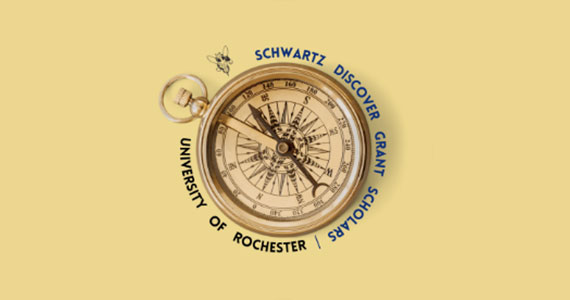 A compass surrounded by the phrase "Schwartz Discover Grant Scholars University of Rochester."