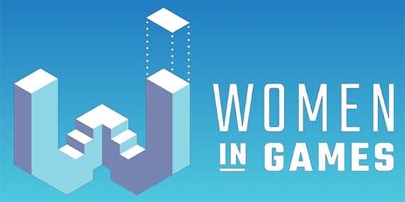 A shaded blue graphic that says "Women in Games."