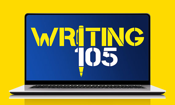 Illustration showing an open laptop with "writing 105" written on the screen and a pen forming the first "i" in "writing" and "1" in "105" to convey the idea of skills communication.