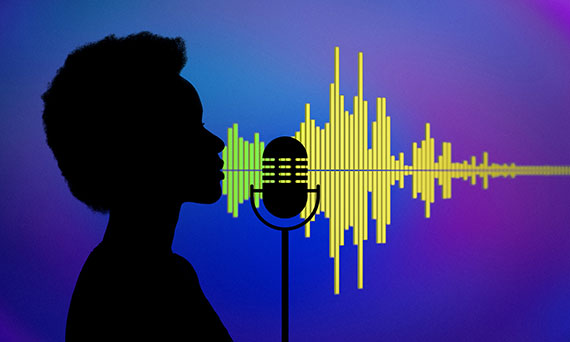 Silhouette of a person in profile speaking into a microphone with their sound waves changing in color, size, and intensity as they go through the microphone.
