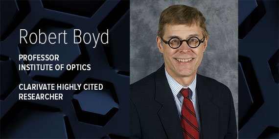 A graphic with dark blue hexognal shapes, a headshot of Robert Boyd, and text that says "Robert Boyd, Professor, Institute of Optics, Clarivate Highly Cited Researcher."