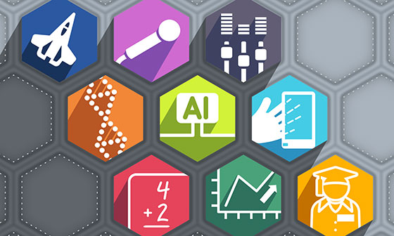 An illustration of several colorful, hexagon shaped icons representing different academic fields like aerospace engineering, music, math, AI, and genomics.