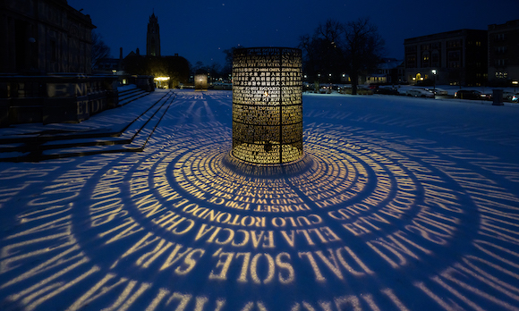 "Argentum: Double-Positive," a light sculpture by Jim Sanborn, is seen in the evening during a snowfall 