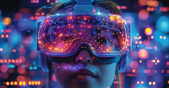 A person wearing virtual reality goggles, immersed in a vibrant cityscape, exploring a digital world.