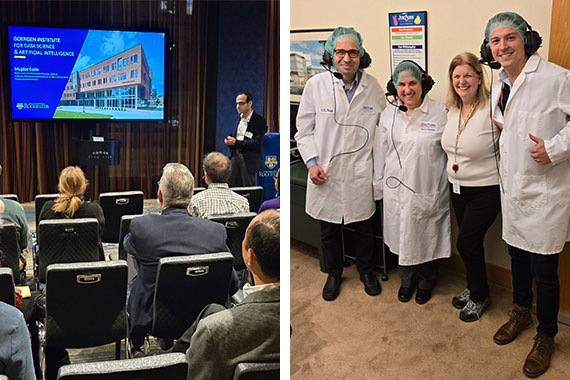 Two photos side-by-side, the left featuring Mujdat Cetin presenting in front of an auditorium, the right featuring three people wearing hair nets and lab coats in a manufacturing facility.