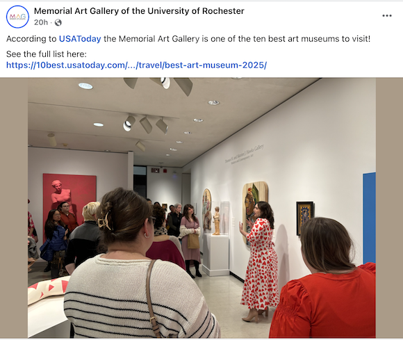 Screenshot of the Memorial Art Gallery's Facebook page. An employee gives a talk to museum-goers. 