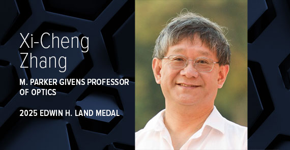A graphic with dark blue hexagons and a headshot of Xi-Cheng Zhang and text that says, "Xi-Cheng Zhang, M Parker Givens Professor of Optics, 2025 Edwin H Land Medal."