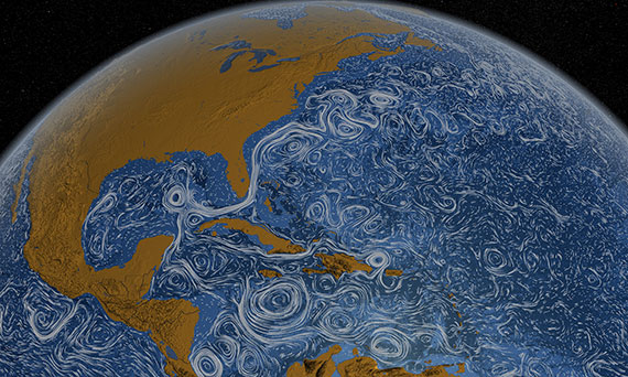 Satellite imagery of the Atlantic Ocean showing swirling currents and ocean eddies.