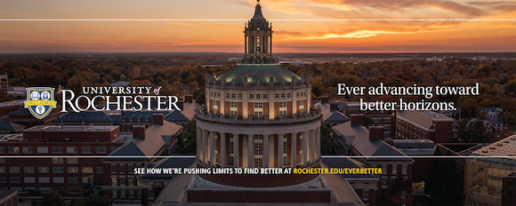 Arial photo of Rush Rhees Library. Text reads Ever Advancing Toward Better Horizons.