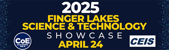 A blue, white, and yellow graphic that says "2025 Finger Lakes Science & Technology Showcase April 24."