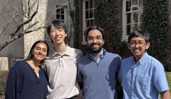 From left, Maria Ahmed '26, Marvin Wu '26, Aashay Mardikar '26, and Wimeth Dissanayake '26 received prestigious Goldwater Scholarships to pursue research careers in STEM fields.