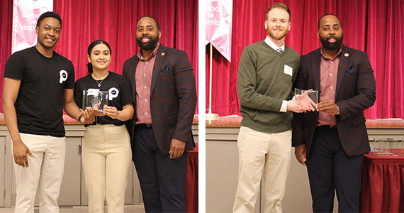 Two side-by-side photos of Rochester students accepting awards at the New York Business Plan competition.