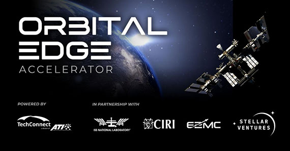 A graphic with a photo of a satellite orbiting the Earth, text that says, "Orbital Edge Accelerator," and the logos of organizations the program is powered by and conducted in partnership with.