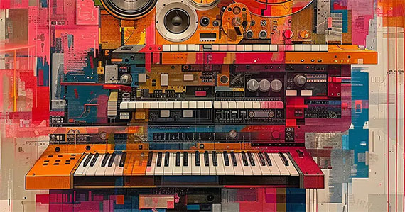 Abstract painting featuring various musical instruments and speakers in vibrant colors and dynamic shapes.
