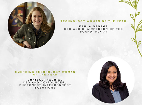 A graphic with two headshots and text noting the Technology Women of the Year awardees KArla George and Juniyali Nauriyal.