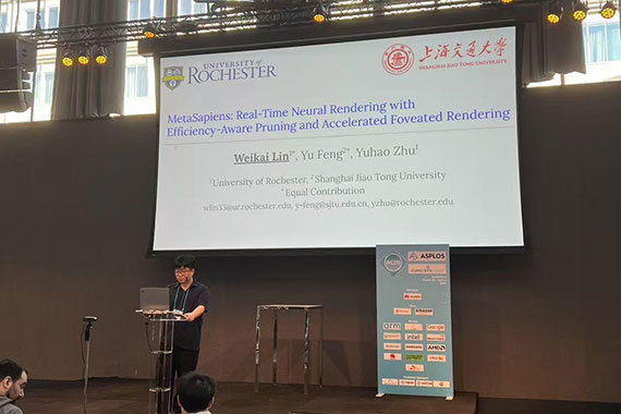 Computer science PhD student Weikai Lin speaks at a lecturn in front of a large screen at the ASPLOS conference.