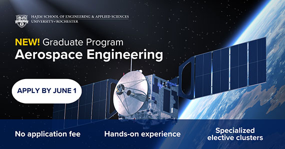A graphic with an image of a satellite in orbit around the Earth with text that encourages people to apply for a new graduate program in aerospace engineering by June 1.
