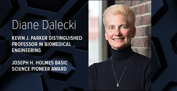A graphic with dark blue hexagonal shapes, a headshot, and text that says, "Diane Dalecki, Kevin J. Parker Distinguished Professor in Biomedical Engineering, Joseph H. Holmes Basic Science Pioneer Award."