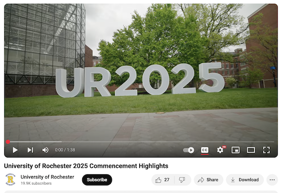 Screenshot of the University's YouTube page showing large letters that spell out UR2025. 