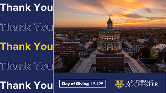 A blue, white, and yellow graphic with a photo of the Rush Rhees Library and text that says "Thank you" multiple times and "Day of Giving 5/1/25."