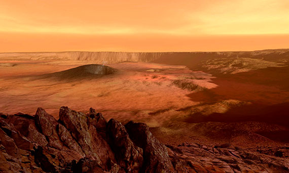 The view from the rim of the caldera of Olympus Mons on Mars, the largest volcano in the solar system.