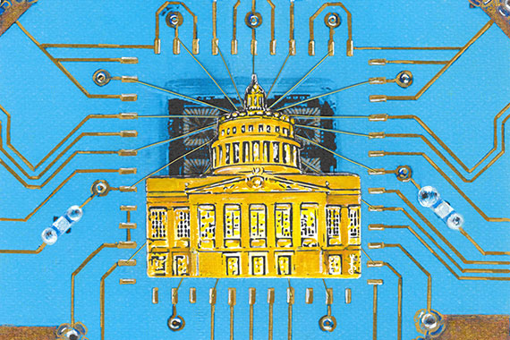 An illustration of a blue and yellow quantum circuit with the Rush Rhees Library at the center.