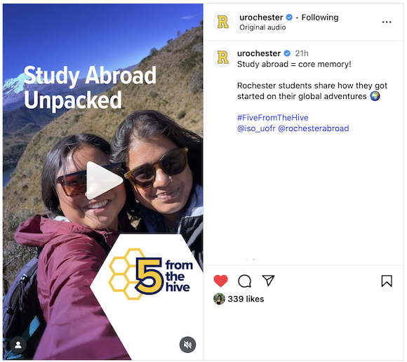 Screenshot of the University of Rochester Instagram post. Text reads Study Abroad Unpacked, with two students in the background. 