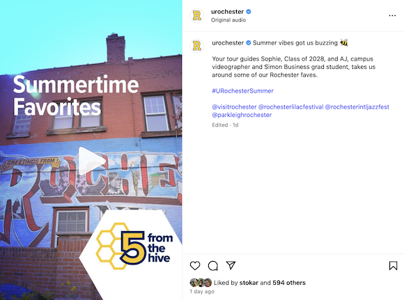 Screenshot of the University of Rochester Instagram account. Post reads: Summertime Favorites. Five from the Hive.