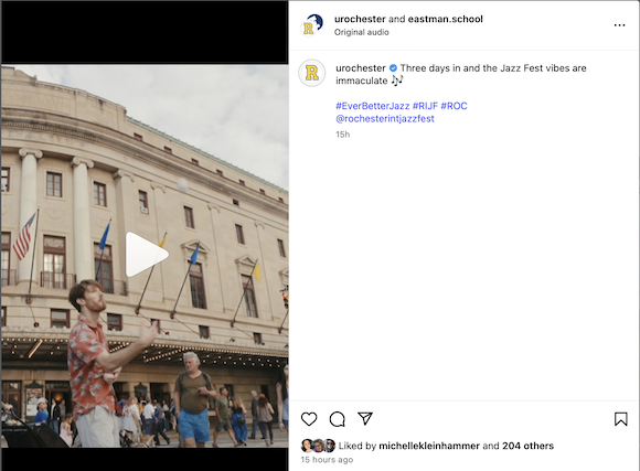 Screenshot of the University of Rochester Instagram account. A person juggles with the Eastman School of Music in the background.