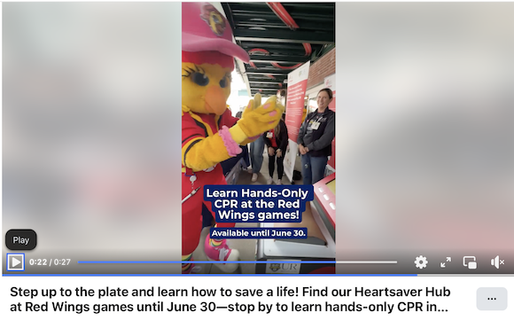 Screenshot of the UR Medicine Facebook. Video shows the Heartsaver Hub mobile CPR kiosk at a baseball game.