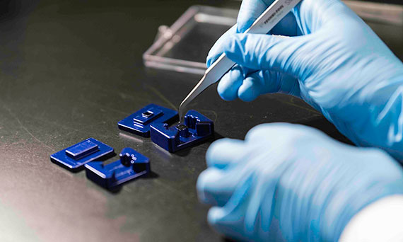 Close up of two gloved hands holding a tweezer-like tool to assemble the components of a tissue chip platform.