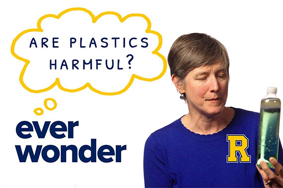 A graphic with a photo of Katrina Korfmacher looking at a water bottle and an illustration of a thought bubble that says "ever wonder: are plastics harmful?"
