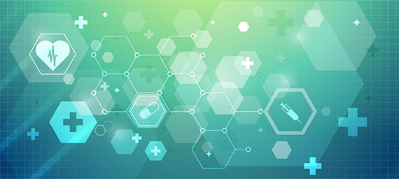 A blue and green graphic with interconnected hexagons and healthcare-related icons to represent digital health.