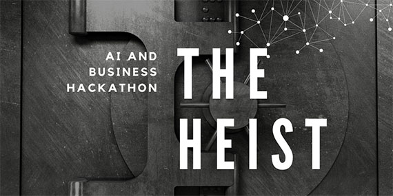 A safe with text overlaid that says "AI and business hackathon: The Heist."