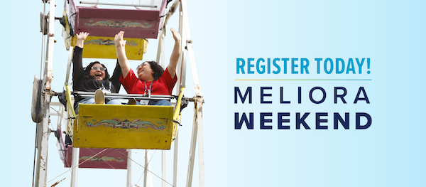 Two people riding a ferris wheel. Text reads Register today for Meliora Weekend. 