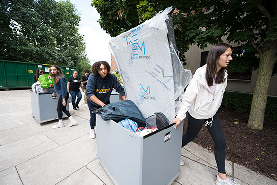 Students push and pull large bins filled with their belongings outside the residence halls on move-in day.