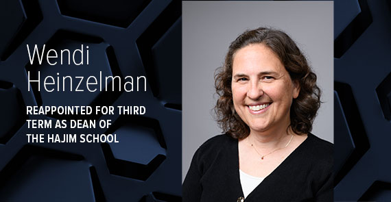 A graphic with dark blue hexagonal shapes, a headshot, and text that says "Wendi Heinzelman, reappointed for third term as dean of the Hajim School."