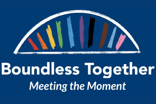 A graphic featuring a bridge with spokes of various colors and text that says "Boundless Together: Meeting the Moment."