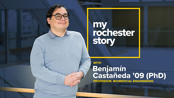 A blue and yellow graphic featuring a medium shot of Benjamin Castañeda with text that says "My Rochester Story."