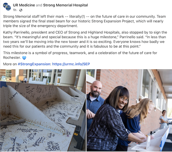 Strong Memorial Hospital staff members sign the last steel beam in the Strong Expansion Project.