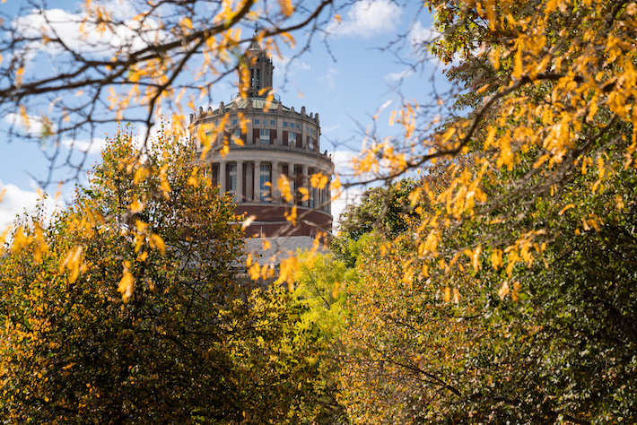 Rush Rhees Library behind fall foliage and blue skies. 