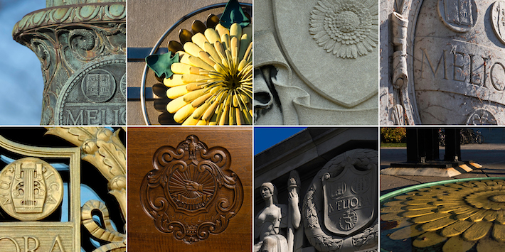 Photo grid comprised of 8 cropped photos. The cropped photos show instances of the word Meliora or dandelion imagery across the University's campuses.