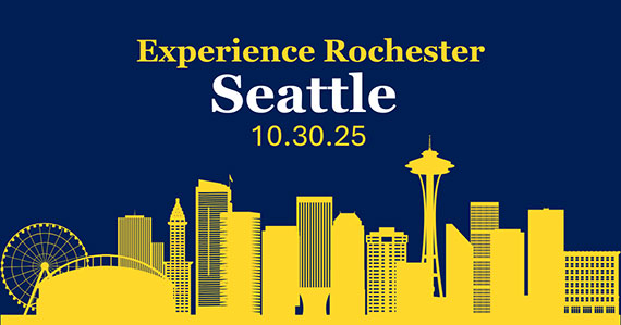 A blue and yellow graphic featuring an illustration of the Seattle skyline that says "Experience Rochester Seattle 10/30/25."
