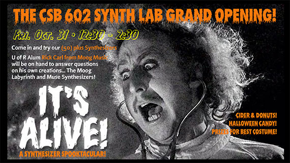 A graphic to promote the grand opening of the synth lab featuring Gene Wilder from the movie "Young Frankenstein" with text that says "It's Alive."