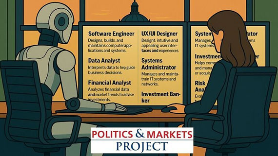 An illustration of a woman sitting at a desk next to a robot while they browse through job titles on a computer screen.