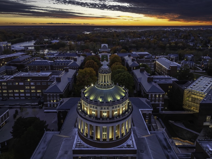 Fall colors on URochester’s River Campus seen via aerial drone. 